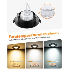 wowatt 6 LED Recessed Spotlights 230 V Black 3 Levels Dimmable 6 W LED Spotlights 230 V Swivelling 3000 K Warm White 4000 K Neutral White 6000 K Cool White IP44 Spotlights Ceiling Light Flat 68 mm