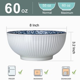 Zscera 60 oz Large Soup Bowls, 8 Inch Large Pho Bowls, Blue and White Ceramic Japanese Ramen Bowls Set of 3 - Floral Pattern