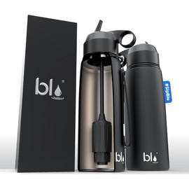 BLU All-in-ONE | Vacuum Insulated Stainless Steel Water Bottle Flask with a Filter (26oz) | Made in The USA | Removes 99.99% contaminants (Regular - Black)