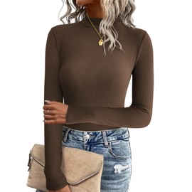 Zeagoo Long Sleeve Tops for Women Elegant Slim Jumpers Basic Roll Neck Sweater Soft Ribbed Sweater Plain Stretch Tops Tshirts Brown XL