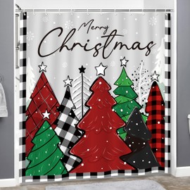Happynow Christmas Shower Curtain Bathroom Decor - Red Tree Farmhouse with 12 Hooks 72 x 72 Inches
