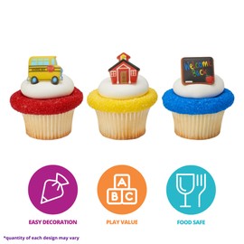 Back To School Cupcake Toppers, 24 DecoPac School Icons Cupcake Rings Featuring School Bus, School, & Black Board - 24 Pack