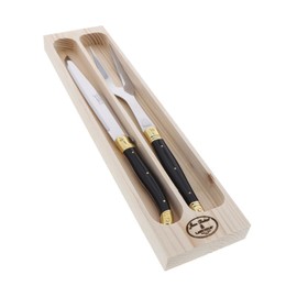 Elegant Stainless Steel Carving Set - 2 Piece Flatware with Tray - Carving Knife and Fork in Black and Brass Accent - Meat Slicer for Turkey and Ham (Black and Brass)