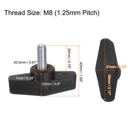 sourcing map 4pcs Tee Wing Knobs M8 x 20mm Metric Male Threaded Stud 55mm T Head Plastic Knob Handles Thumb Screws Hand Clamping Tightening Knob Grip Thumbscrew, Black