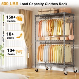 ULIFHOME P1 Rolling Clothing Rack with Lockable Wheels, Heavy-Duty Garment Rack for Hanging Clothes, Portable Closet Wardrobe with Shelves, 35.5" W x 15.7" D x 80.5" H, Hold 500lbs, Grey