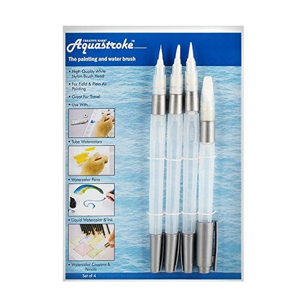 Aquastroke Water Brush Pens, Artist Travel Watercolor Paint Brushes, for Water-Soluble Colored Pencils, Inks, Water-Base Markers, Plein Air Paints, Portable [Set of 4 Assorted Sizes]