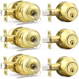 Probrico Polished Brass Entry Door Knob Lock Set and Single Cylinder Deadbolt Combination Set, Keyed Alike, 3 Pack