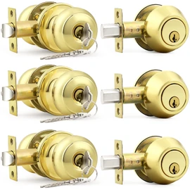Probrico Polished Brass Entry Door Knob Lock Set and Single Cylinder Deadbolt Combination Set, Keyed Alike, 3 Pack