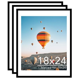 JCJMY 18x24 Picture Frame Set of 3 with 16x20 Mat, Display Photo 16x20 with Mat or 18 x 24 Without Mat, Wall Hanging Large 18 by 24 Poster Frame with Plexiglass, 3 Pack, Black