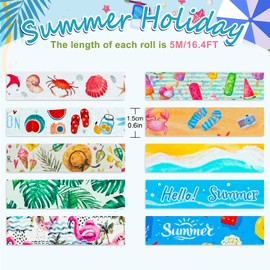 Whaline 10 Roll Summer Beach Washi Tape Hawaii Beach Washi Masking Tape Tropical Style Sea Animals Ocean Party Decorative Tape Sticker for Scrapbook Journal DIY Art Crafts Gift Wrapping, 16.4Ft