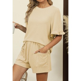 ZOOMOON Women's Summer 2 Piece Pjs Outfits Soft Ruffle Outfits Solid Sleepwear Lounge with Pockets Beige, XX-Large