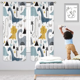 Cinbloo Dinosaur Curtains 42Wx63L Inch Rod Pocket Kids Cartoon Dino Baby Boys Bedroom Decor Nursery Children Cute Navy Blue Safari Animal Art Printed Living Room Playroom Window Drapes Fabric 2 Panel