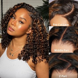 Glueless Wig Pre Plucked Pre Cut Human Hair 1b/30 Balayage Lace Front Wigs Wear And Go Bob Wig Human Hair 7x5 Bye Bye Knots Wigs Highlight Curly Wig 180% Density 18inch