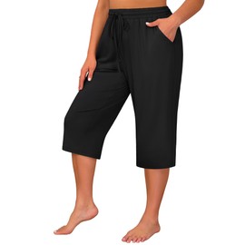 Huukeay 3 Pack Women's Plus Size Capris, Drawstring Cotton Yoga Capri Sweatpants Summer Casual Loose Cropped Pant with Pocket(Black, Dark Gray, Light Blue,X-Large)