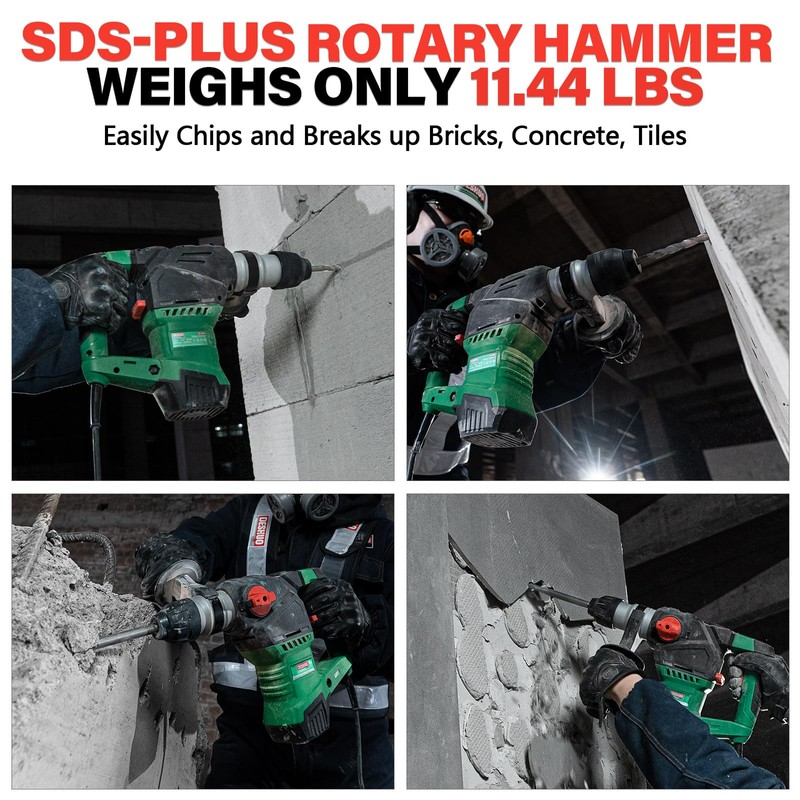 Deshuo 1-1/4" SDS-Plus Rotary Hammer Drill, 12.5 Amp 3 Functions