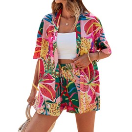 SOLY HUX Women's Summer 2 Piece Outfits Tropical Print Open Front Half Sleeve Kimono and Shorts Set Multicoloured Tropical Large