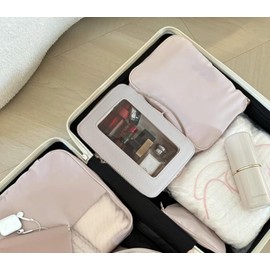 Spindro 2 Pack Clear Makeup Bag Set, Portable Toiletry Bags for Women Clear Cosmetic Bag With Zipper,Small Travel Make Up Case Waterproof Organizer Transparent Car Bag for Essentials(Beige,Black)