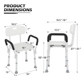 monicare Adjustable Seat Height Shower Chair for Bathroom Inside Tub with Back and Padded Armrest, Anti-Slip Safety Bath Chair for Adults, Seniors, Elderly, Disabled, Handicap (White, 220 lb Capacity)