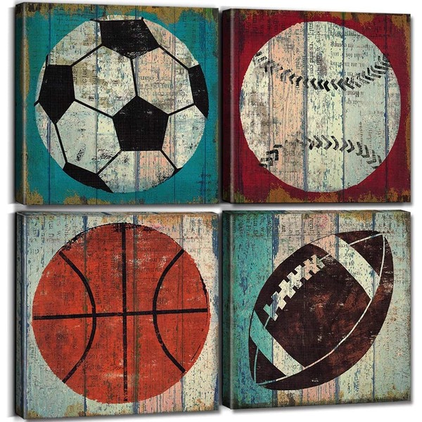Sports Wall Art for Boys Bedroom Vintage Sports Theme Baseball Basketball Poster Kids Football Soccer Room Decor Rustic Balls Pictures Canvas Toddler Nursery Artwork Living Room Home Decoration 16x16" 4Pcs