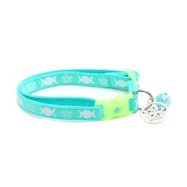 Wicca Cat Collar with Occult Charm & Bell | Witch’s Familiar Cat Collar | Witch Kitten Collar Charms | Glow in The Dark | Safety Breakaway Collar (Large(10lbs & Up), Aqua)