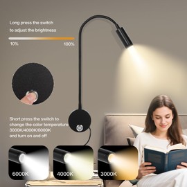 FORHIZHOM Reading Light for Bed, Wall Mounted Reading Lights with 15" Flexible Gooseneck, Touch Control, 3 Colors Temperature and Stepless Dimmable, Plug in Headboard Bedside Light(1 Pack)
