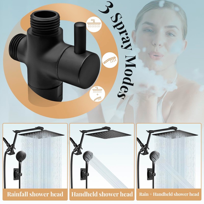 12'' Rain Shower Head with Handheld Spray, Black Shower Head