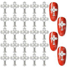 KAAGEE 30 Pieces Silver Cross Nail Charms Nail Rhinestone Crystal Nail Pearl 3D Nail Art Charms Cross Charms for Nails Metallic Cross Nail Jewels Nails Design Decoration for Nail Art