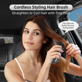 Cordless Curling Iron Brush, 1.5 Inch Mini Travel Hair Curler with 200 Million Negative Ions, Portable Heated Round Straightener Brush Rechargeable for Curl, Touch-Up, De-Frizz, Styling, Black