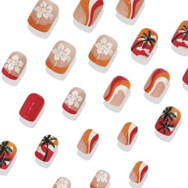 Medium Press on Nails Square Fake Nails Coconut Tree with Orange Red Sunset Glitter Design Flower False Nails Summer Glue on Nails Full Cover Artificial Acrylic Glossy Stick on Nails for Women 24PCS