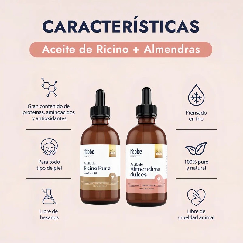 Aceite Orgánico Ricino Almendras Puro Hebbe Cosmetics Crecimiento Cabello 200ml