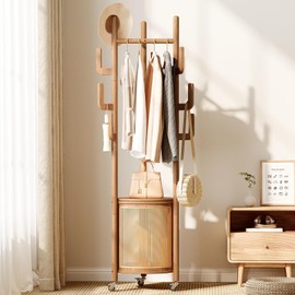 Solid Wood Coat Rack - Rolling Clothes Rack with Rattan Basket