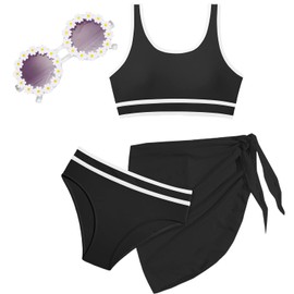 Teen Girls Swimsuit High Waist Sporty Bikini Bathing Suits with Cover Up Skirt and Sunglasses 4 Piece Set 8-15 Years (US, Age, 12 Years, 13 Years, Black)