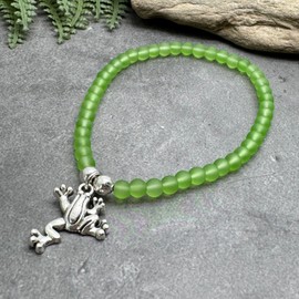 Lime Green Frosted Glass Bead Bracelet with Silver Plated Frog Charm on Elastic : Medium 7.5 inches