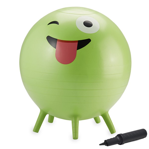 Gaiam Kids Stay-N-Play Children's Balance Ball, Flexible School Chair Active Classroom Desk Alternative Seating, Built-In Stay-Put Soft Stability Legs, Includes Air Pump, 45cm, Green Crazy Silly