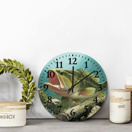 ArogGeld Bass Fish Wall Clock Vintage Fish Round Decorative Clocks Battery Operated 15 Inch Silent Non-Ticking Modern Hanging Clock for Bedroom Living Room Farmhouse Wall Decor