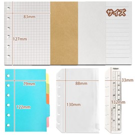DY.2ten A7 Size, 180 Pieces, Zipper Pockets, Color Index, Bookmark, A7 Refills, 6 Holes, 0.2 inch (5 mm) Square, Horizontal Rule, Blank, Kraft Paper, Notebook, Loose Leaf