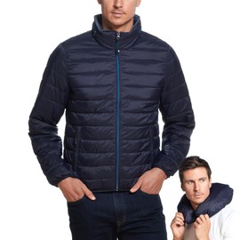 Weatherproof Men's Puffer Jacket, Lightweight Alternative Down Jacket with Packable Travel Neck Pillow, Travel-Ready Winter Jackets for Men, Water & Wind Resistant, Navy, X-Large