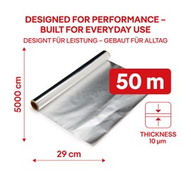 ALUFIX Foglio di alluminio per cottura al forno/ 1 rotolo/ 29 cm x 50 m/ 10 μm/argento/resistente allo strappo/resistente al calore e all'umidità/riciclabile/per la cucina