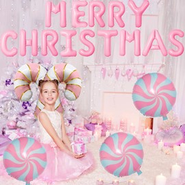 Christmas Balloons Pink Candy Cane Balloons Lollipop Balloons Pink Merry Christmas Balloons Candy Balloons for Christmas Party Decorations Xmas New Year Themed Party Supplies Balloons Sets-19 Pcs