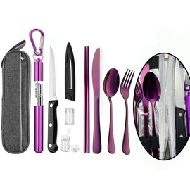 Portable Travel Reusable Utensils Silverware with Case,Travel Camping Cutlery set,Chopsticks and Straw Flatware, Stainless steel Travel Utensil set UP(Purple)
