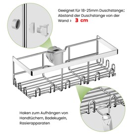 HouseUp Shower Shelf No Drilling for Shower Rail (Only for Round Bars 19 mm - 25 mm) - Shower Shelf Storage Shelf Stainless Steel Shampoo Soap Holder (Silver)