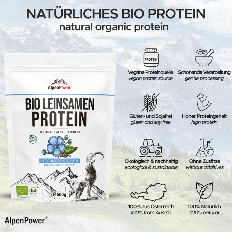 AlpenPower Organic Linseed Protein 600 g - 100% Pure &