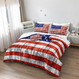 Merryword 8 Pcs Bed in a Bag USA Flag Comforter Set Queen Size American Flag Bedding Set Wooden Planks Bedding Comforter Set