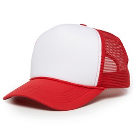 Funky Junque Blank Foam Trucker Hat – Adjustable Mesh Back Snapback Baseball Cap for Men & Women - White/Red