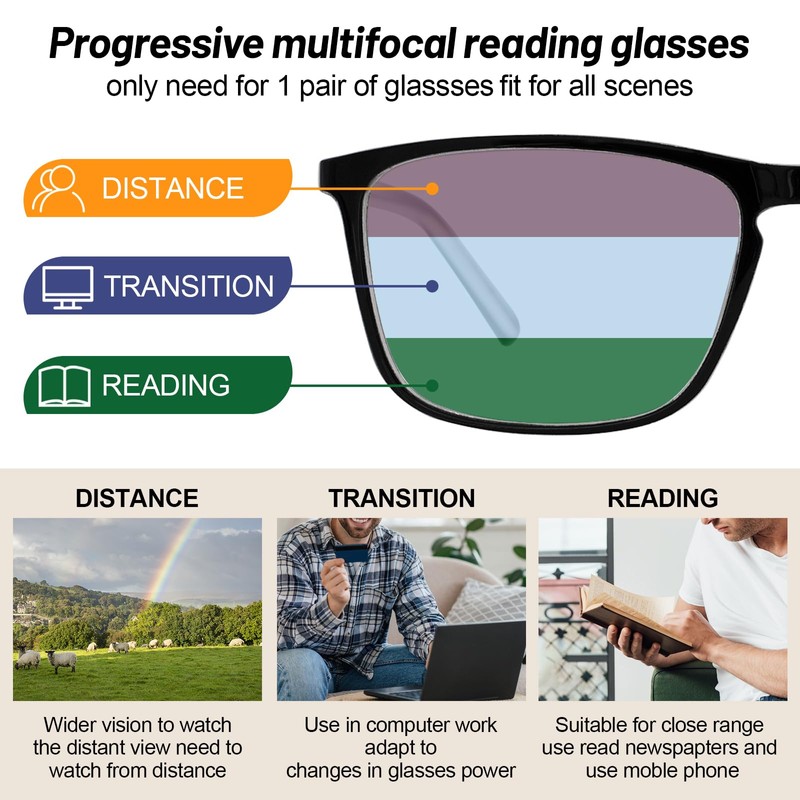 OCCI CHIARI Mens Progressive Multifocus Reading Glasses Transition Bifocal Readers(+300)