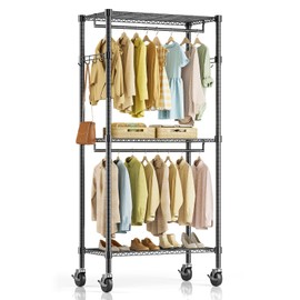 Simple Deluxe Rolling Clothes Rack, Heavy Duty Clothing Rack, 3-Shelf Portable Adjustable Wardrobe Closet with Wheels, Hanging Rods & Side Hooks, 29.5" W x 15.7" D x 75.6" H, Black