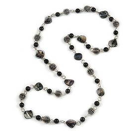 Avalaya Glass and Shell Bead with Silver Tone Metal Wire Element Long Necklace In Black Colours - 120cm L
