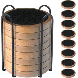 Wood Coasters for Drinks Set of 8, Minacun Absorbent Coaster, Drinks Coasters for Coffee Tabletop Protection, Non-Slip, Non-Stick, Suitable for Kinds of Cups Wooden Table Drink, 4.3 Inch Black