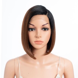 DÉBUT Synthetic Short Bob Wig with Ear to Ear Lace Front Wig, Side Part Asymmetrical Wig Slight Yaki Straight Hair Ombre Brown