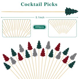 JarThenaAMCS 300Pcs Christmas Tree Cocktail Picks 3 Designs Plaid Food Toothpicks Red Green Black Long Appetizer Skewers for Xmas Winter Fruit Drink Dessert Party Supplies